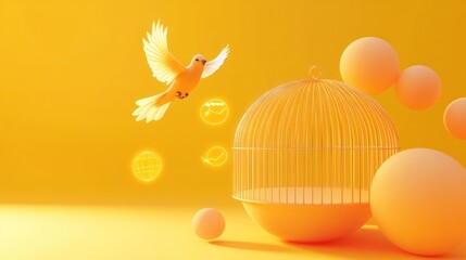 Poster - Yellow Bird Escapes Golden Cage Abstract Scene