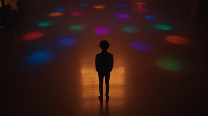 Poster - A person stands alone at a digital art exhibit, surrounded by vivid light projections illuminating the floor, creating a striking atmosphere of solitude