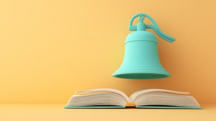 Poster - Teal Bell Above Open Book on Yellow Background