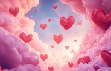 Poster - Illustration of heart-shaped balloons floating in the sky surrounded by fluffy pink clouds. The background is soft blue with scattered red hearts creating an atmosphere filled with love and romance.
