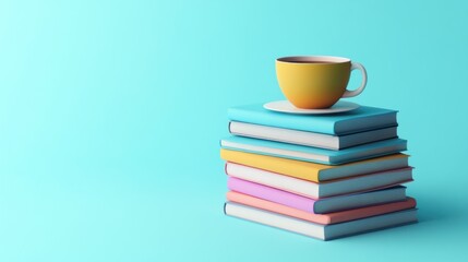 Poster - A Yellow Cup Rests Atop A Stack Of Colorful Books