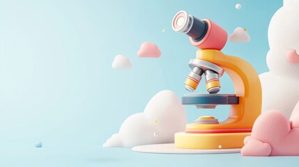 Poster - A colorful cartoon microscope sits amongst pastel clouds