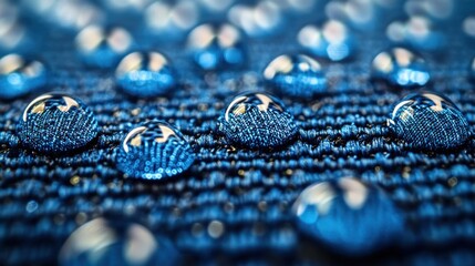 Poster - Water droplets on blue fabric texture.