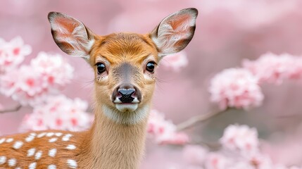 Wall Mural - Adorable Fawn Amidst Delicate Pink Blossoms