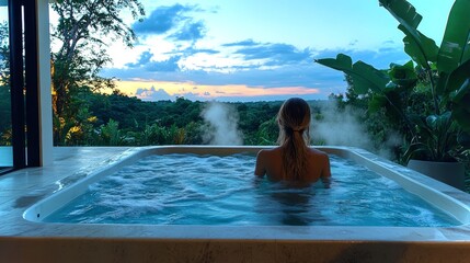 Aufkleber - A person enjoys a peaceful moment soaking in a hot tub while overlooking stunning hills and a colorful sunset. The atmosphere is serene and calming.