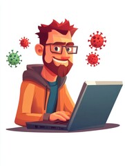 Poster - antivirus software isolated cartoon vector illustrations. man with laptop using antivirus program, i