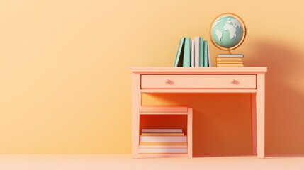 Poster - Peach Desk With Books Globe And Stool