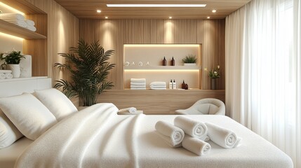 Poster - A tranquil spa room designed for relaxation, featuring a plush bed with white linens and neatly rolled towels. Soft lighting and soothing natural elements enhance the serene atmosphere.
