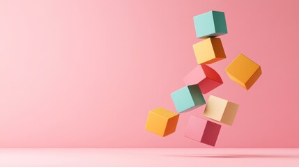Poster - Colorful Cubes Falling Against Pink Background