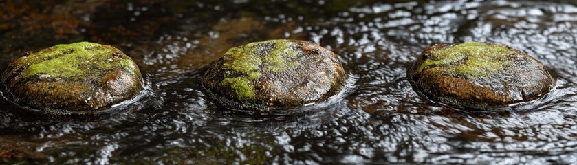 Poster - Three mossy rocks in a flowing stream of water