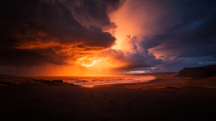 Aufkleber - A lighthouse stands firm against wild waves under a dramatic stormy sky, illuminated by a powerful beam, symbolizing hope amidst nature's fury
