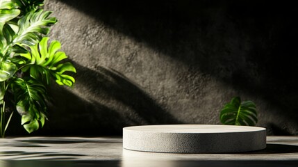 Poster - A low-angle view captures a green podium surrounded by vibrant plants, illuminated by warm summer light, with a textured stone wall providing depth