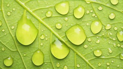 Poster - Water Droplets Adorn A Vibrant Green Leaf Surface