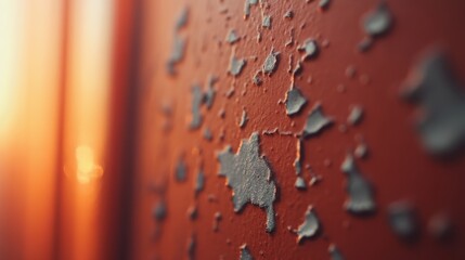 Poster - Close-up of a weathered iron surface displaying texture through rust and layers of chipped paint, emphasizing the contrast of metallic and earthy colors