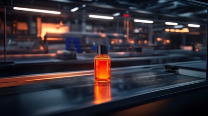 Poster - A cosmetic bottle moves along a stainless steel assembly line under bright industrial lighting, highlighting the precision and care in production processes