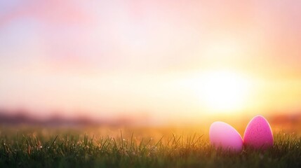 Poster - A panoramic view of a dewy field at sunrise features vibrant Easter-themed decorations scattered in the foreground, leaving ample space for text on the right side