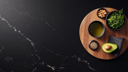 Aufkleber - A wooden board showcases a fresh avocado, a small bowl of olive oil, and a selection of nuts and seeds, arranged beautifully with room for additional text