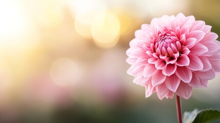 Leinwandbilder - A stunning pink dahlia blooms, showcasing intricate petals that glisten softly in sunlight, set against a dreamy golden blurred backdrop providing ample copy space