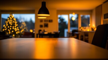 Poster - Warm low-angle view of a cozy living room featuring a wooden table and soft Christmas lights, providing a delightful festive ambiance for relaxation