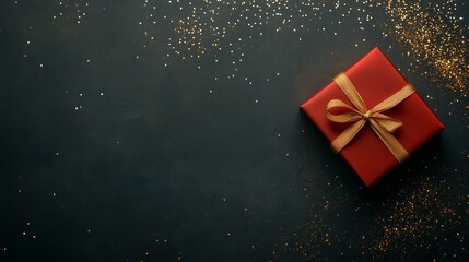 Poster - A close-up view of an elegant red gift box tied with a shiny golden ribbon, resting on a black surface with sparkling gold glitter in the background