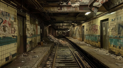  A forgotten subway tunnel filled with rubble, rust, and a haunting sense of history