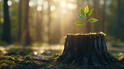 Aufkleber - A sapling with bright green leaves grows out of a mossy, cracked tree stump, glistening with morning dew under gentle sunlight in a serene forest setting