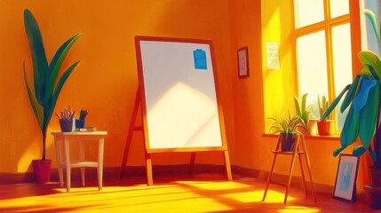 Poster - Sunlit Studio Room With Easel And Plants
