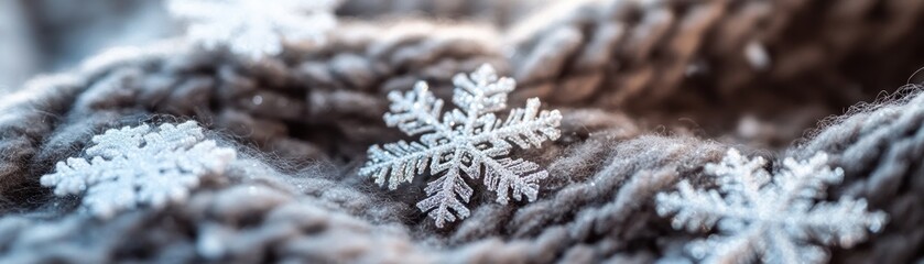 Poster - Glittering snowflakes rest on a soft grey knitted textile
