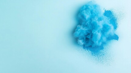 Poster - Cyan blue holi powder bursts outward against a white surface, creating energetic patterns with a light dusting surrounding the central explosion