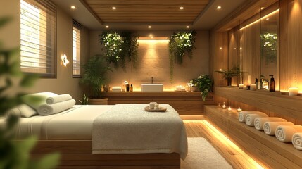 Poster - A serene spa setting features a wooden bed with towels, ambient lighting, plants, and candles. This tranquil space invites relaxation and self-care, promoting wellness.