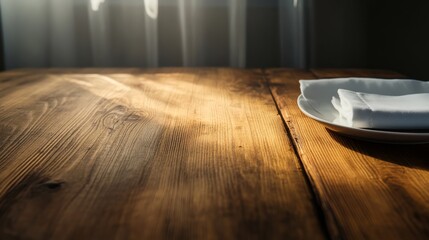 Aufkleber - A close-up of a rustic wooden table featuring a pristine white plate and a neatly folded napkin, softly illuminated by warm sunlight for a cozy feel