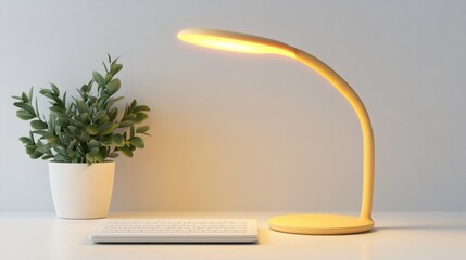 Poster - Minimalist workspace with lamp plant and keyboard