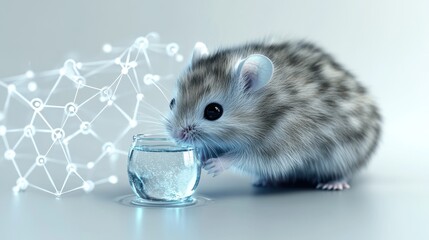 Aufkleber - Gray Hamster Drinking Water Near Molecular Structure