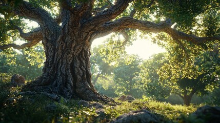 Aufkleber - An ancient tree with a sprawling trunk and gnarled branches stretches towards the sunlight, surrounded by lush greenery and rocky terrain. Nature flourishes in this tranquil setting