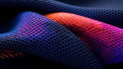 Abstract textured fabric with vibrant color gradients and hexagonal pattern.