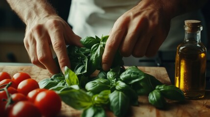 Wall Mural - hands cutting fresh basil leaves, vibrant tomatoes and bottle of olive oil aside generative ai