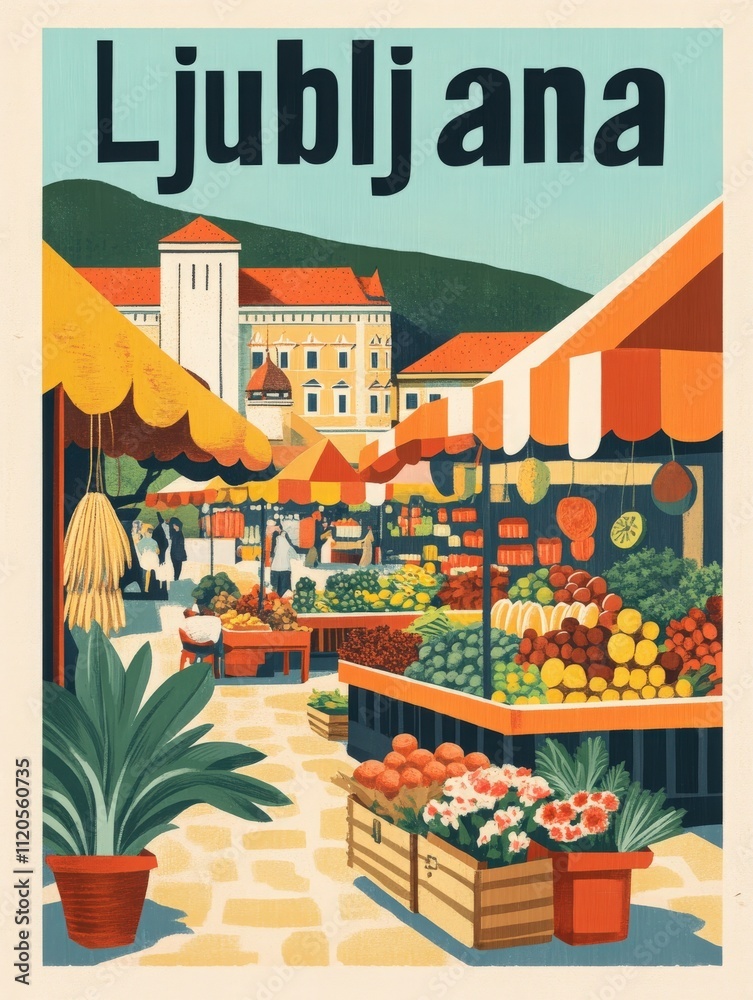 A bustling market in Ljubljana features colorful stalls filled with fresh fruits and vegetables. People browse the vibrant displays under sunny skies, highlighting the citys lively atmosphere.