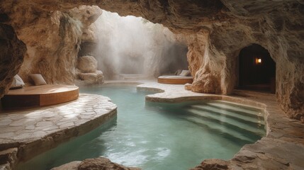 Poster - A tranquil spa oasis features soothing waters winding through a rocky cave, providing a serene setting for relaxation and rejuvenation. Soft light enhances the calming atmosphere.