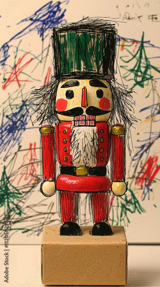 A vibrant nutcracker figure stands on a beige base. It features rich colors and distinct details, set against a backdrop filled with colorful crayon drawings of trees and festive designs.