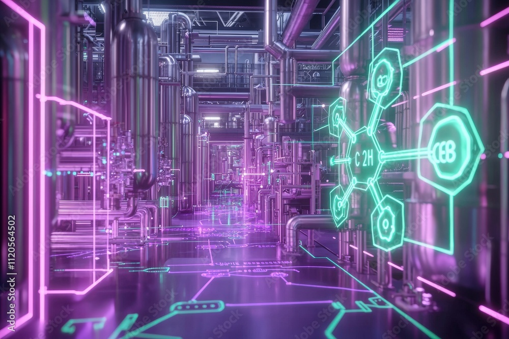 A high-tech industrial facility features metallic pipes and neon graphics of chemical structures. The vibrant colors highlight the advanced technology used in production processes.