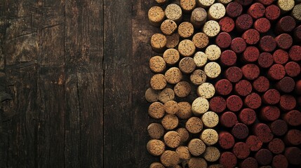 Poster - Set against a rustic wooden backdrop, a vibrant arrangement of various wine corks showcases shades of red, brown, and beige, celebrating the artistry and tradition of winemaking