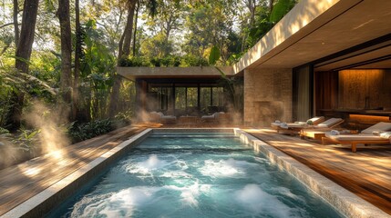 Poster - A relaxing outdoor spa features a hot tub with bubbling water, nestled among vibrant foliage. Natural sunlight filters through trees, creating a peaceful atmosphere for leisure and rejuvenation.