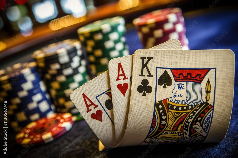 Two aces and a king are held in a players hand while colorful poker chips are stacked in the background, emphasizing the excitement of casino gaming during the evening.