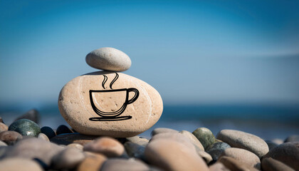 Wall Mural - A smooth beach stone painted with a coffee cup design sits atop other natural pebbles against a blue ocean background.