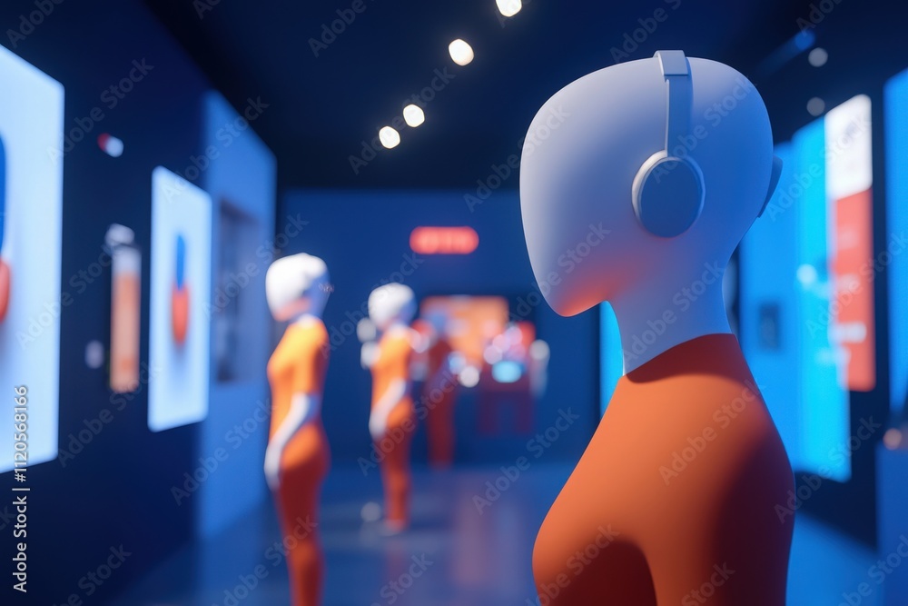Visitors explore a contemporary art installation featuring stylized mannequins with headphones in a vibrant gallery setting. The space uses bold colors and unique displays to engage attendees.