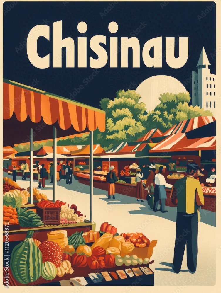 Colorful market in Chisinau features various fruits and vegetables displayed for sale. Vendors engage with customers under canopies, creating a lively atmosphere in the heart of the city.