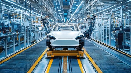 Poster - A robotic assembly line showcasing a white car being manufactured in a modern automotive factory.
