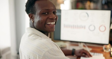 Poster - Face, business and happy black man on computer with stats, finance metrics and growth on screen. Portrait, smile and data analyst in office, professional and African entrepreneur with chart in Ghana