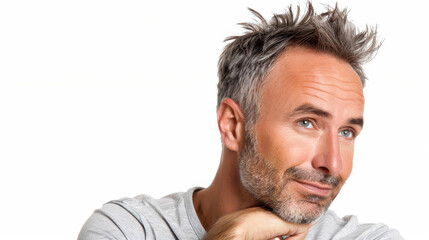 Wall Mural - A charming greyhaired man in a casual tee exudes confidence with a natural smile and relaxed profile pose against a white backdrop.