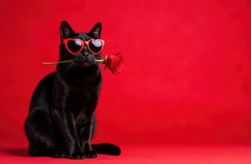 Black cat wearing heart shaped sunglasses holding red daisy in mouth on bright red background symbolizing love, romance and humor with playful Valentine's Day mood.